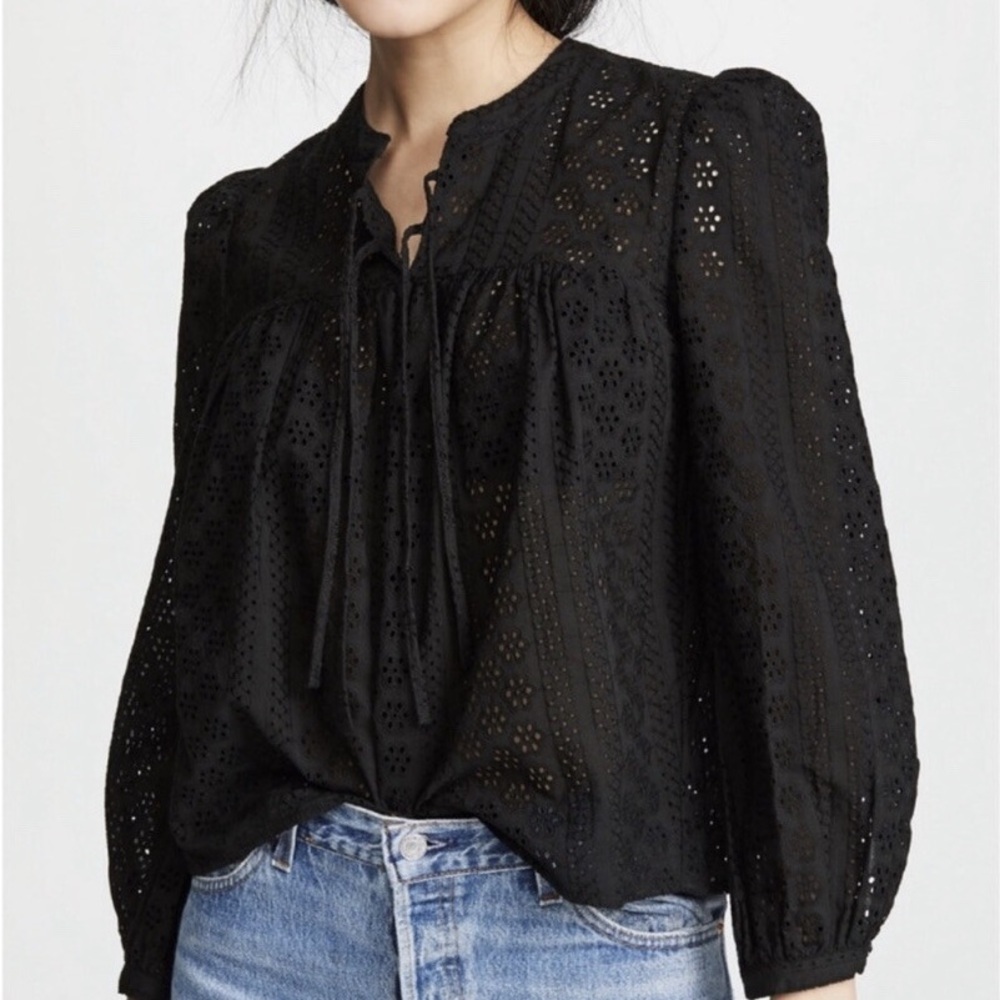 Madewell Black Eyelet Double-Tie Peasant Top